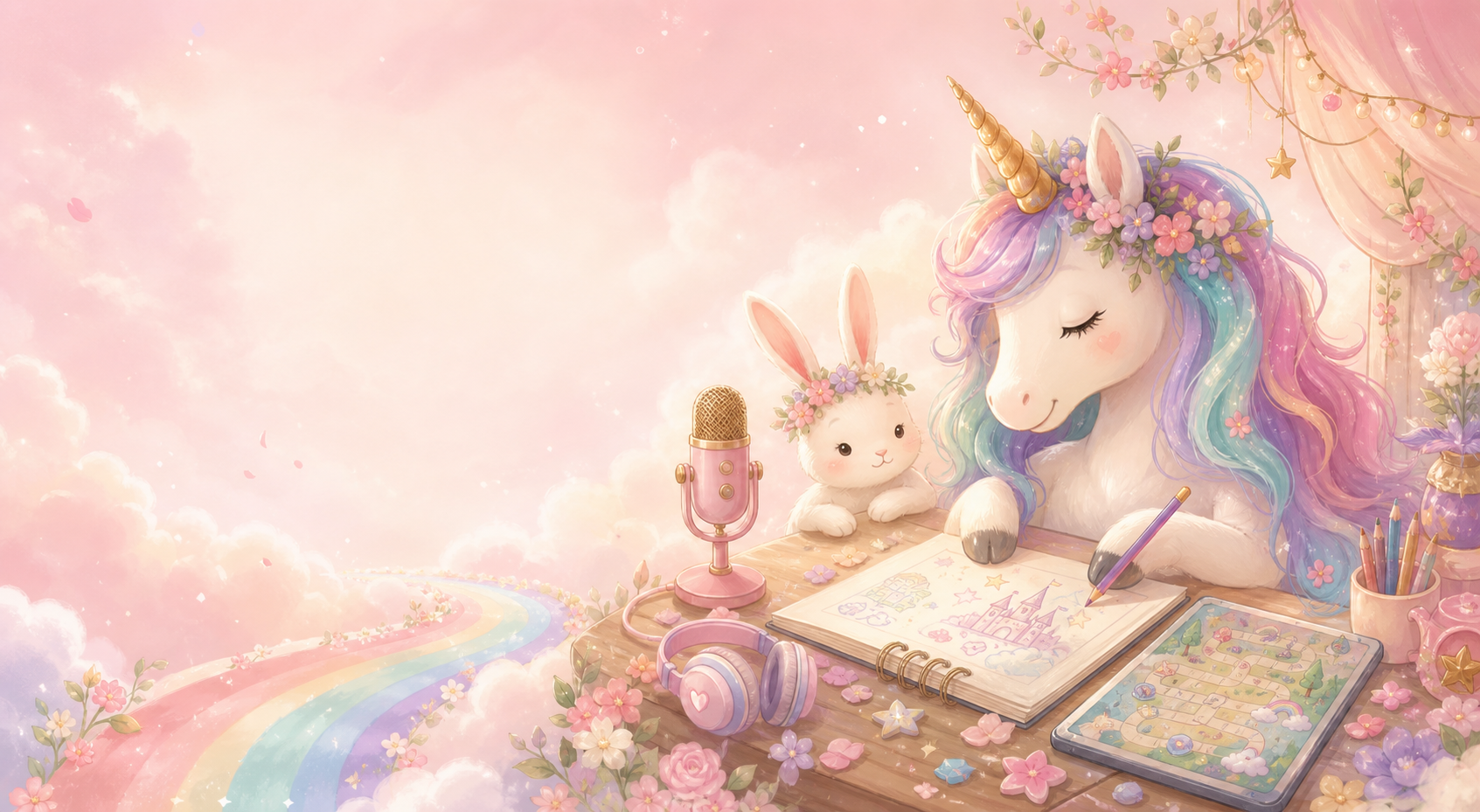 A soft pink storybook scene with a unicorn, bunny, flowers, clouds, a microphone, headphones, and a maze map.