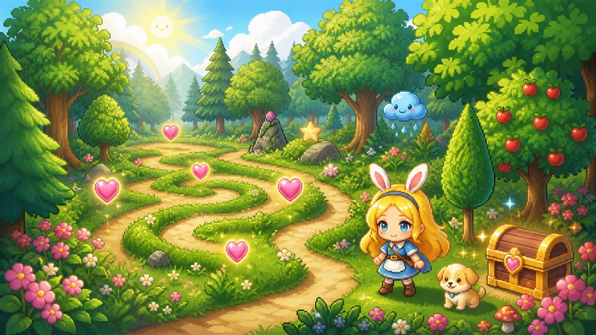 A forest adventure illustration for Eloise's heart maze game.